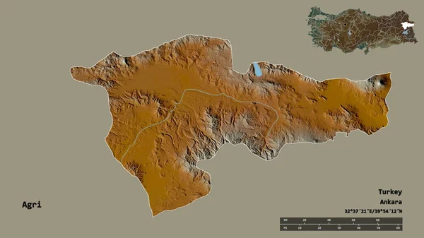 トルコの州であるアグリの形は その首都をしっかりとした背景に隔離されています 距離スケール リージョンプレビュー およびラベル 地形図 3Dレンダリング — ストック写真