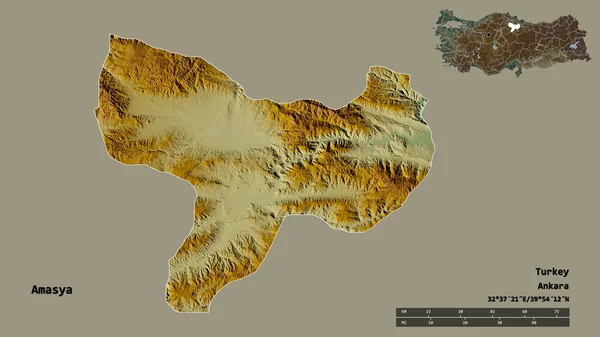 トルコの州 アマシャの形は その資本がしっかりとした背景に隔離されています 距離スケール リージョンプレビュー およびラベル 地形図 3Dレンダリング — ストック写真