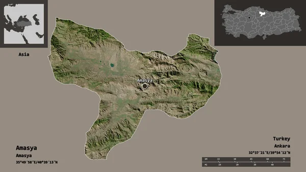 トルコ共和国のアマシア州とその首都の形 距離スケール プレビューおよびラベル 衛星画像 3Dレンダリング — ストック写真