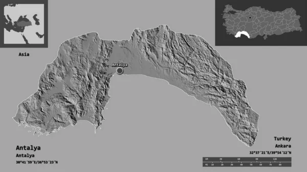 アンタルヤの形状 トルコの州 そして その首都 距離スケール プレビューおよびラベル 標高マップ 3Dレンダリング — ストック写真