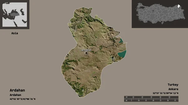 土耳其阿尔达汉省的形状及其首都 距离刻度 预览和标签 卫星图像 3D渲染 — 图库照片