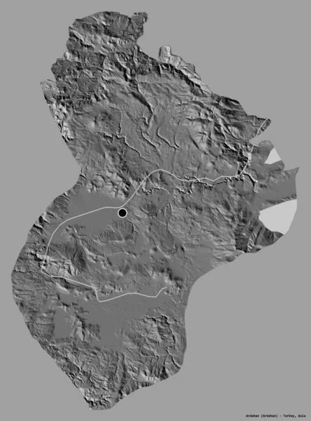土耳其阿尔达汉省的形状 其首都以纯色背景隔离 Bilevel高程图 3D渲染 — 图库照片