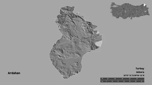 土耳其阿尔达汉省的形状 其首都在坚实的背景下与世隔绝 距离尺度 区域预览和标签 Bilevel高程图 3D渲染 — 图库照片