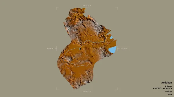 土耳其阿尔达汉省的一个地区 在一个地理参照框的坚实背景下被隔离 地形浮雕图 3D渲染 — 图库照片