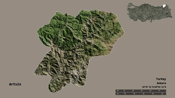 土耳其阿尔特文省的形状 其首都在坚实的背景下与世隔绝 距离尺度 区域预览和标签 卫星图像 3D渲染 — 图库照片