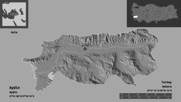 土耳其Aydin的形状及其首都 距离刻度 预览和标签 Bilevel高程图 3D渲染 — 图库照片