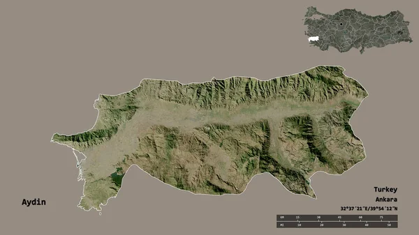 土耳其艾丁省的形状 其首都在坚实的背景下与世隔绝 距离尺度 区域预览和标签 卫星图像 3D渲染 — 图库照片