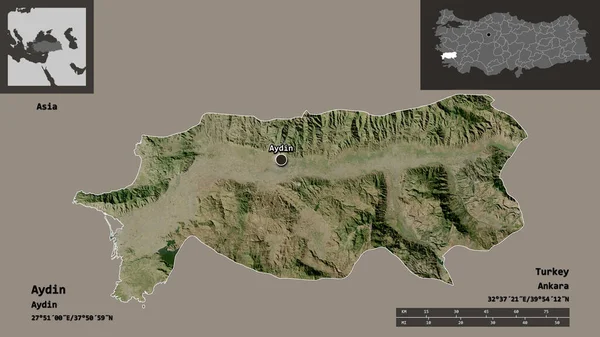 土耳其Aydin的形状及其首都 距离刻度 预览和标签 卫星图像 3D渲染 — 图库照片