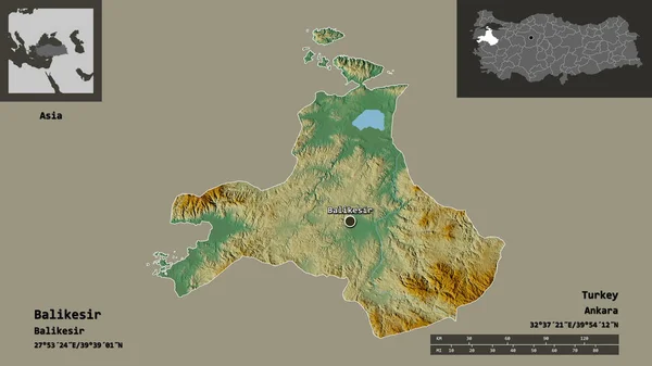 Formen Balikesir Provinsen Turkiet Och Dess Huvudstad Avståndsskala Förhandsvisningar Och — Stockfoto