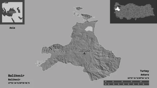 トルコの州とその首都のバリケサーの形 距離スケール プレビューおよびラベル 標高マップ 3Dレンダリング — ストック写真