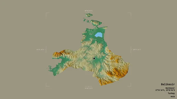 トルコの州であるバリケシールの地域は 洗練された境界ボックス内の強固な背景に隔離されています ラベル 地形図 3Dレンダリング — ストック写真