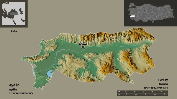 土耳其Aydin的形状及其首都 距离刻度 预览和标签 地形浮雕图 3D渲染 — 图库照片