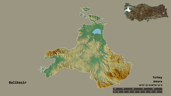 土耳其的Balikesir形状 其首都在坚实的背景下与世隔绝 距离尺度 区域预览和标签 地形浮雕图 3D渲染 — 图库照片