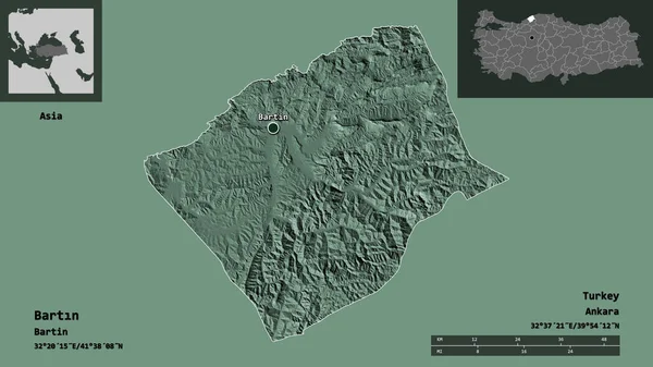 トルコの州 バルタンの形状とその首都 距離スケール プレビューおよびラベル 色の標高マップ 3Dレンダリング — ストック写真