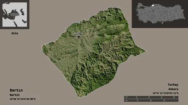 トルコの州 バルタンの形状とその首都 距離スケール プレビューおよびラベル 衛星画像 3Dレンダリング — ストック写真