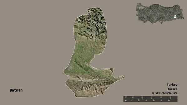 蝙蝠侠的形状 土耳其省 其首都孤立的坚实的背景 距离尺度 区域预览和标签 卫星图像 3D渲染 — 图库照片
