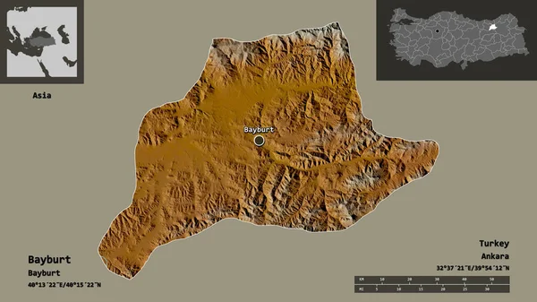 土耳其Bayburt的形状和它的首都 距离刻度 预览和标签 地形浮雕图 3D渲染 — 图库照片