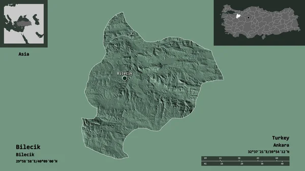 ビレキクの形 トルコの州 およびその首都 距離スケール プレビューおよびラベル 色の標高マップ 3Dレンダリング — ストック写真