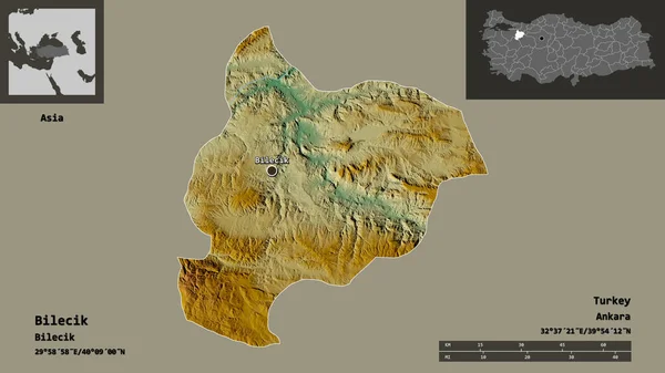 ビレキクの形 トルコの州 およびその首都 距離スケール プレビューおよびラベル 地形図 3Dレンダリング — ストック写真