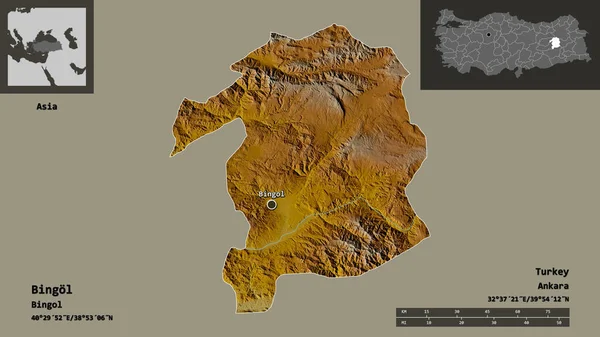 土耳其本古尔省及其首都的形状 距离刻度 预览和标签 地形浮雕图 3D渲染 — 图库照片