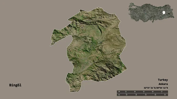 トルコの州 ビンゴルの形は その首都をしっかりとした背景に隔離されています 距離スケール リージョンプレビュー およびラベル 衛星画像 3Dレンダリング — ストック写真