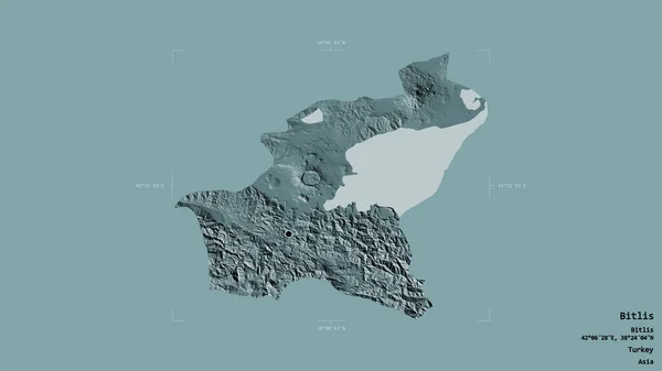 トルコの州であるBitlisの地域は 洗練された境界ボックス内の強固な背景に隔離されています ラベル 色の標高マップ 3Dレンダリング — ストック写真