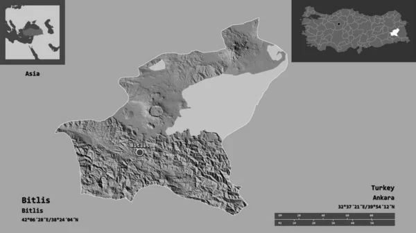 ビットリスの形 トルコの州 およびその首都 距離スケール プレビューおよびラベル 標高マップ 3Dレンダリング — ストック写真