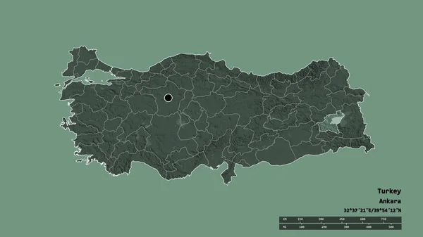 主要な地域部門と分離されたBitlis地域とトルコの荒廃した形 ラベル 色の標高マップ 3Dレンダリング — ストック写真