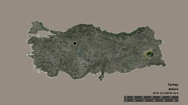 主要な地域部門と分離されたBitlis地域とトルコの荒廃した形 ラベル 衛星画像 3Dレンダリング — ストック写真