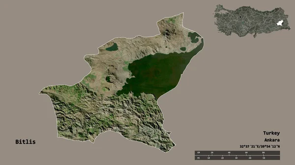 土耳其比利斯省的形状 其首都在坚实的背景下与世隔绝 距离尺度 区域预览和标签 卫星图像 3D渲染 — 图库照片