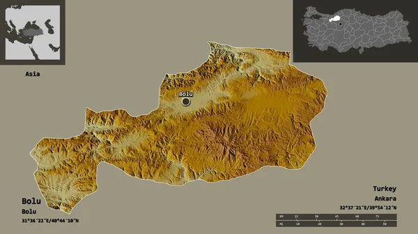 トルコの州ボルとその首都の形 距離スケール プレビューおよびラベル 地形図 3Dレンダリング — ストック写真