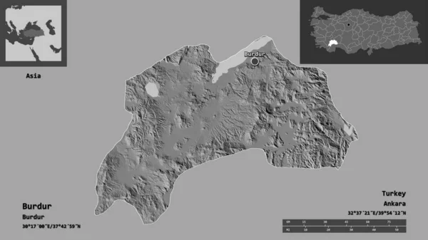 Forme Burdur Province Turquie Capitale Échelle Distance Aperçus Étiquettes Carte — Photo