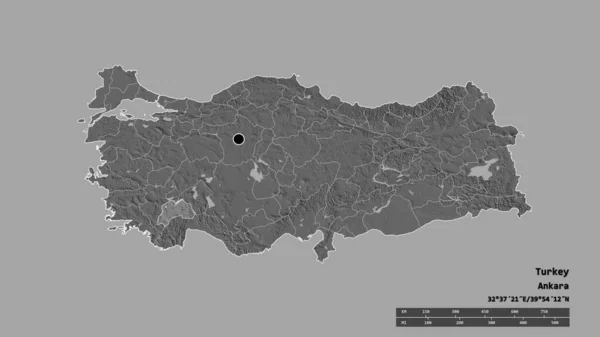 Forme Désaturée Turquie Avec Capitale Principale Division Régionale Région Séparée — Photo