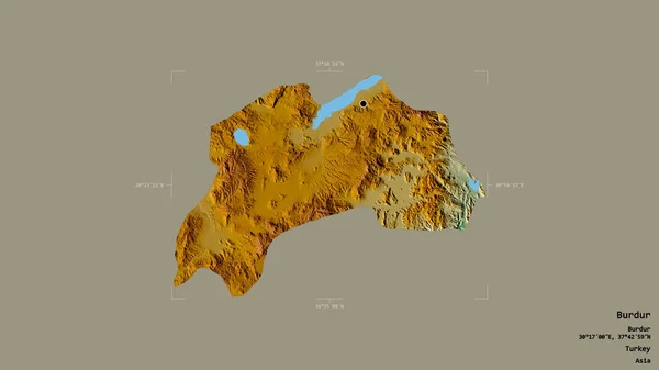 土耳其伯杜尔省的一个地区 在一个地理参照框的坚实背景下被隔离 地形浮雕图 3D渲染 — 图库照片