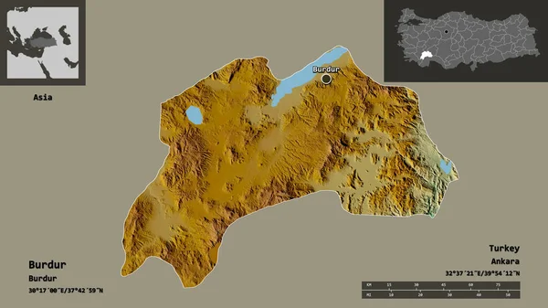 ブルドゥールの形 トルコの州 およびその首都 距離スケール プレビューおよびラベル 地形図 3Dレンダリング — ストック写真