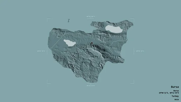 トルコの州ブルサの地域は 洗練された境界ボックス内の強固な背景に隔離されています ラベル 色の標高マップ 3Dレンダリング — ストック写真