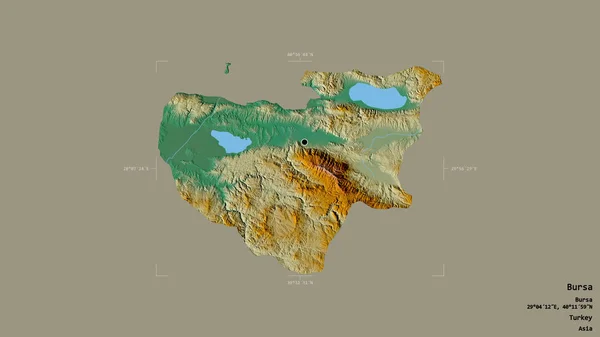 トルコの州ブルサの地域は 洗練された境界ボックス内の強固な背景に隔離されています ラベル 地形図 3Dレンダリング — ストック写真