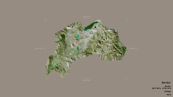 トルコの州ブルドゥールの地域は 洗練された境界ボックス内の強固な背景に隔離されています ラベル 衛星画像 3Dレンダリング — ストック写真