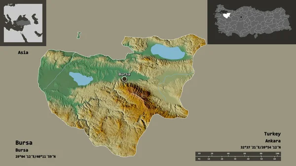 土耳其布尔萨省的形状及其首都 距离刻度 预览和标签 地形浮雕图 3D渲染 — 图库照片