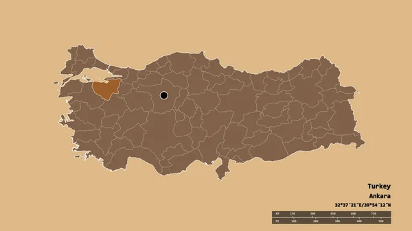 以土耳其首都 主要区域分部和分离的布尔萨地区为首都的土耳其的绝望面貌 图形纹理的组成 3D渲染 — 图库照片