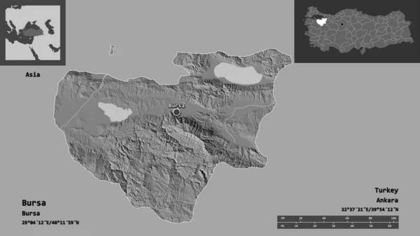 ブルサの形 トルコの州 およびその首都 距離スケール プレビューおよびラベル 標高マップ 3Dレンダリング — ストック写真