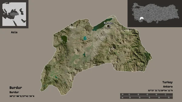 土耳其布尔杜尔省的形状及其首都 距离刻度 预览和标签 卫星图像 3D渲染 — 图库照片