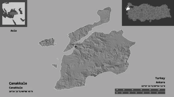 土耳其卡纳卡莱省的形状及其首都 距离刻度 预览和标签 Bilevel高程图 3D渲染 — 图库照片
