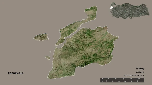 土耳其卡纳卡莱省的形状 其首都在坚实的背景下与世隔绝 距离尺度 区域预览和标签 卫星图像 3D渲染 — 图库照片