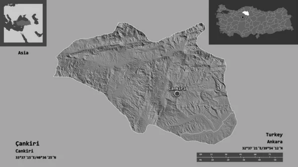 トルコの州カンキリとその首都の形 距離スケール プレビューおよびラベル 標高マップ 3Dレンダリング — ストック写真