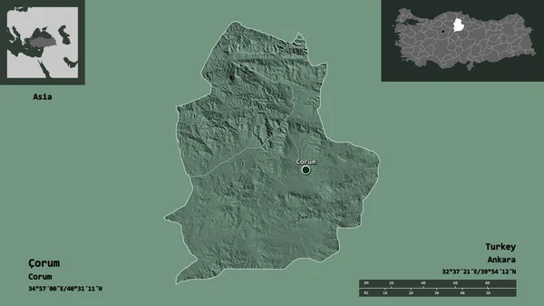 トルコのコラム州とその首都の形 距離スケール プレビューおよびラベル 色の標高マップ 3Dレンダリング — ストック写真