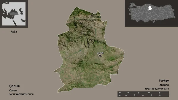 トルコのコラム州とその首都の形 距離スケール プレビューおよびラベル 衛星画像 3Dレンダリング — ストック写真