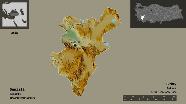 土耳其的Denizli形状及其首都 距离刻度 预览和标签 地形浮雕图 3D渲染 — 图库照片