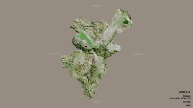 Denizli 'nin Denizli bölgesi, jeoreferatlı bir sınır kutusunun sağlam bir arka planında izole edildi. Etiketler. Uydu görüntüleri. 3B görüntüleme