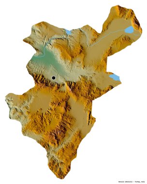 Türkiye 'nin Denizli ilçesinin başkenti beyaz arka planda izole edilmiştir. Topografik yardım haritası. 3B görüntüleme